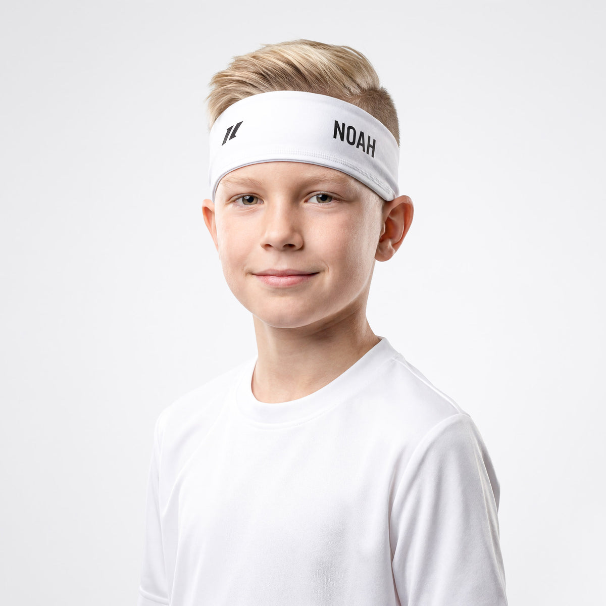 Personalisiertes weißes Sportstirnband Vorderansicht ZUMEL