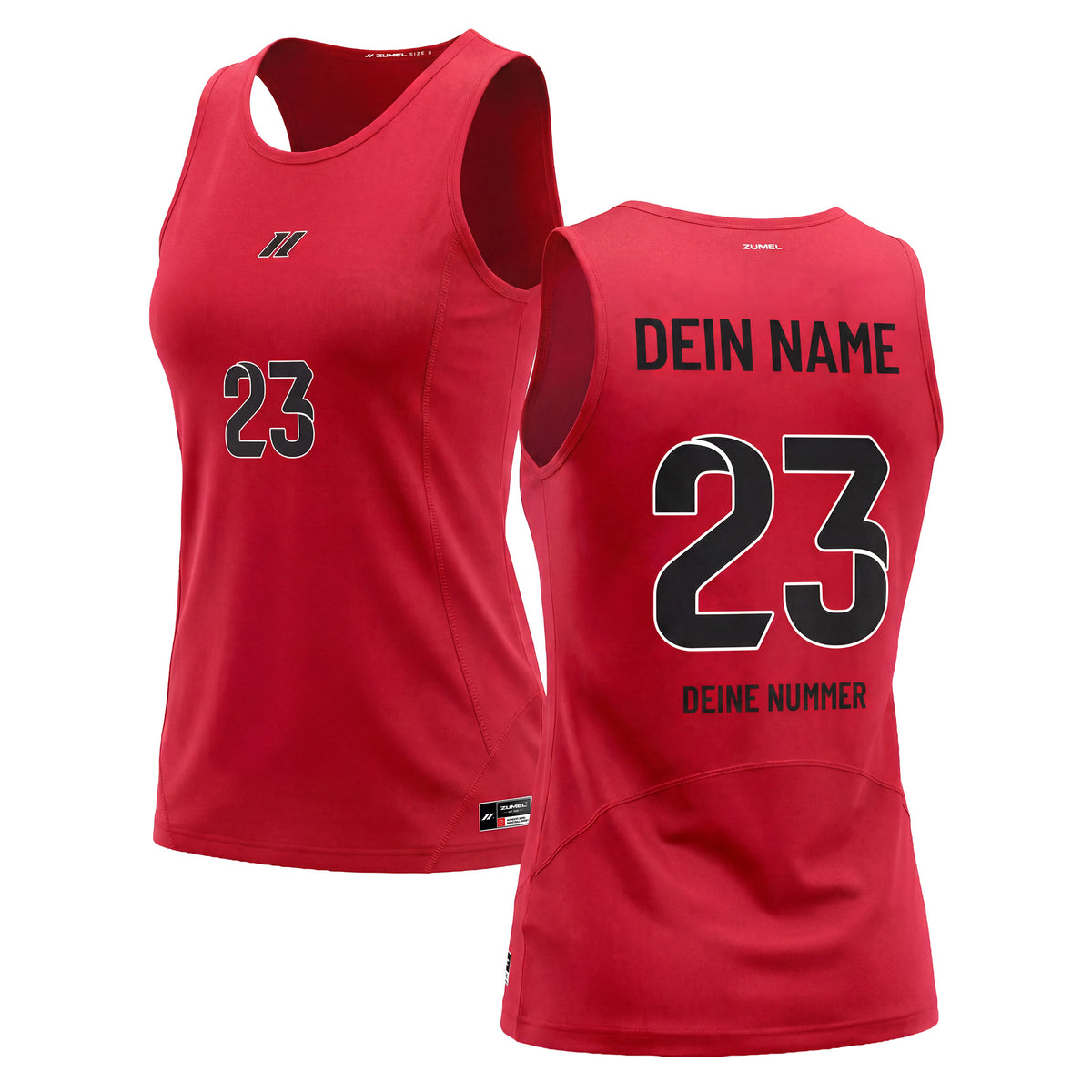Personalisierbares rotes Damen Basketballset von Zumel mit Trikot und Shorts für Mannschaften.