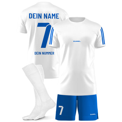 Blau weißes Fußballset für Erwachsene personalisiert mit Name und Nummer