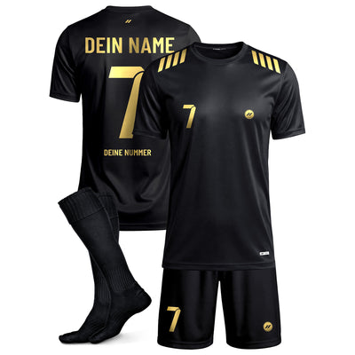 Schwarz goldenes Fußballset für Herren personalisiert mit Name und Nummer