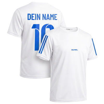 Blau weißes Fußballtrikot für Kinder personalisiert mit Name und Nummer