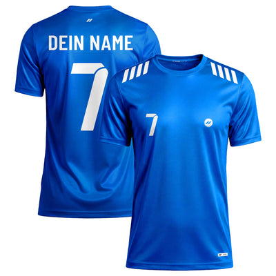 Personalisiertes Herren HyperDry Fußballtrikot in Blau mit weißen Schulterstreifen sowie individuellem Namen und Nummer auf Vorder- und Rückseite.