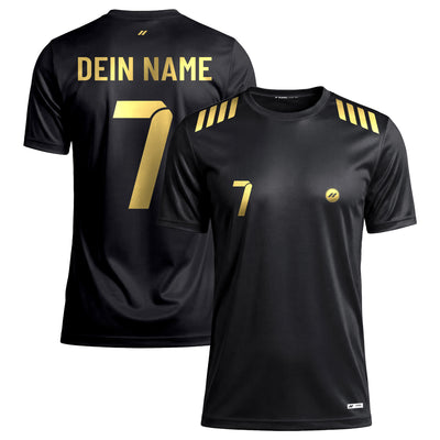 Personalisiertes Herren HyperDry Fußballtrikot in Schwarz mit goldenen Schulterstreifen sowie individuellem Namen und Nummer auf Vorder- und Rückseite.
