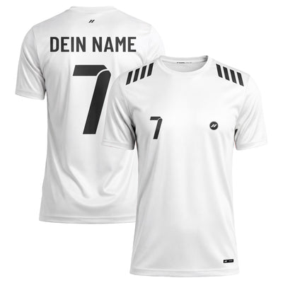 Personalisiertes Herren HyperDry Fußballtrikot in Weiß mit schwarzen Schulterstreifen sowie individuellem Namen und Nummer auf Vorder- und Rückseite.