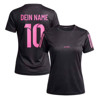 Schwarz pinkes personalisiertes Damen Fußballtrikot mit eigenem Namen und Nummer ZUMEL