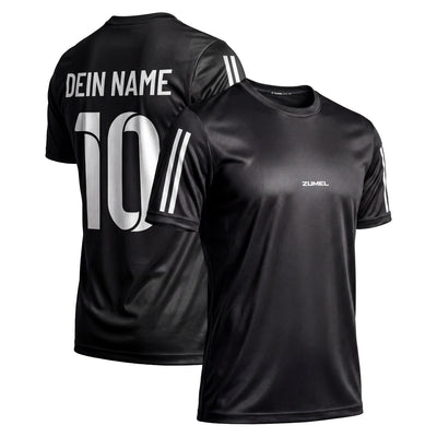 Schwarzes Herren Sporttrikot von Zumel für Fußballvereine mit eigenem Namen und Rückennummer.