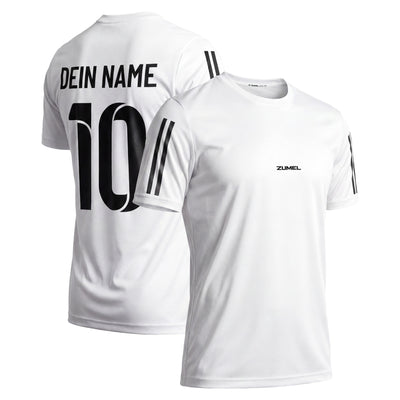 Weißes Herren Vereinstrikot von Zumel mit schwarzen Details und personalisierbarem Namen sowie Nummer.